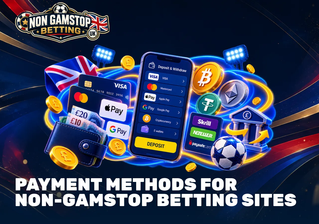 Payment methods for non-GamStop betting sites with Visa, Mastercard, e-wallets, crypto and mobile payment options.
