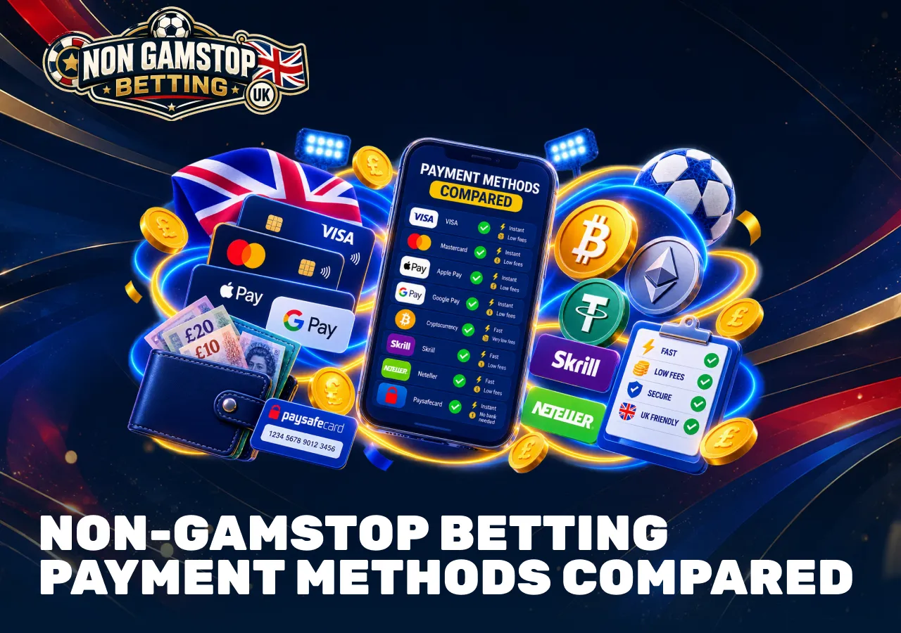 Non-GamStop betting payment methods compared across bank cards, e-wallets, crypto and digital payment services.