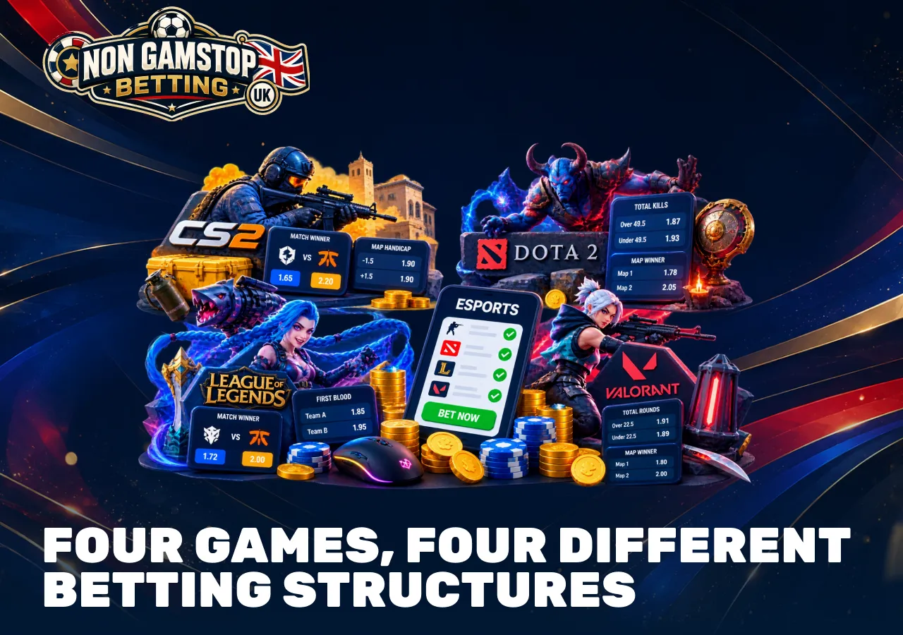 Esports betting structures for CS2, Dota 2, League of Legends and Valorant with different match markets.