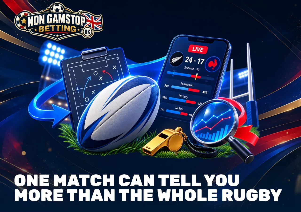 Live rugby match analysis with score, possession, territory and tackle statistics for evaluating betting coverage.