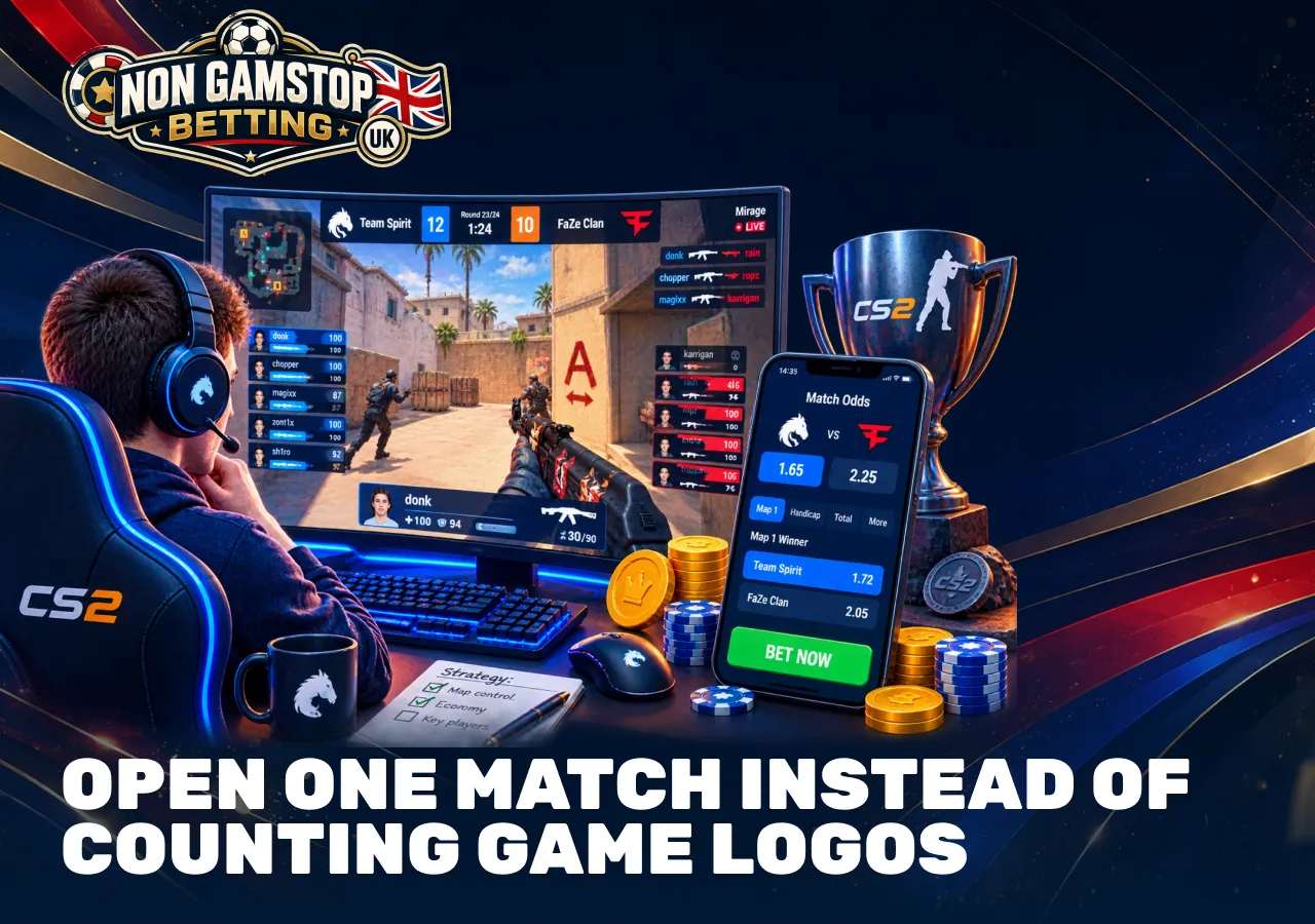 CS2 esports match page with live gameplay, team odds and betting markets for comparing sportsbook coverage.