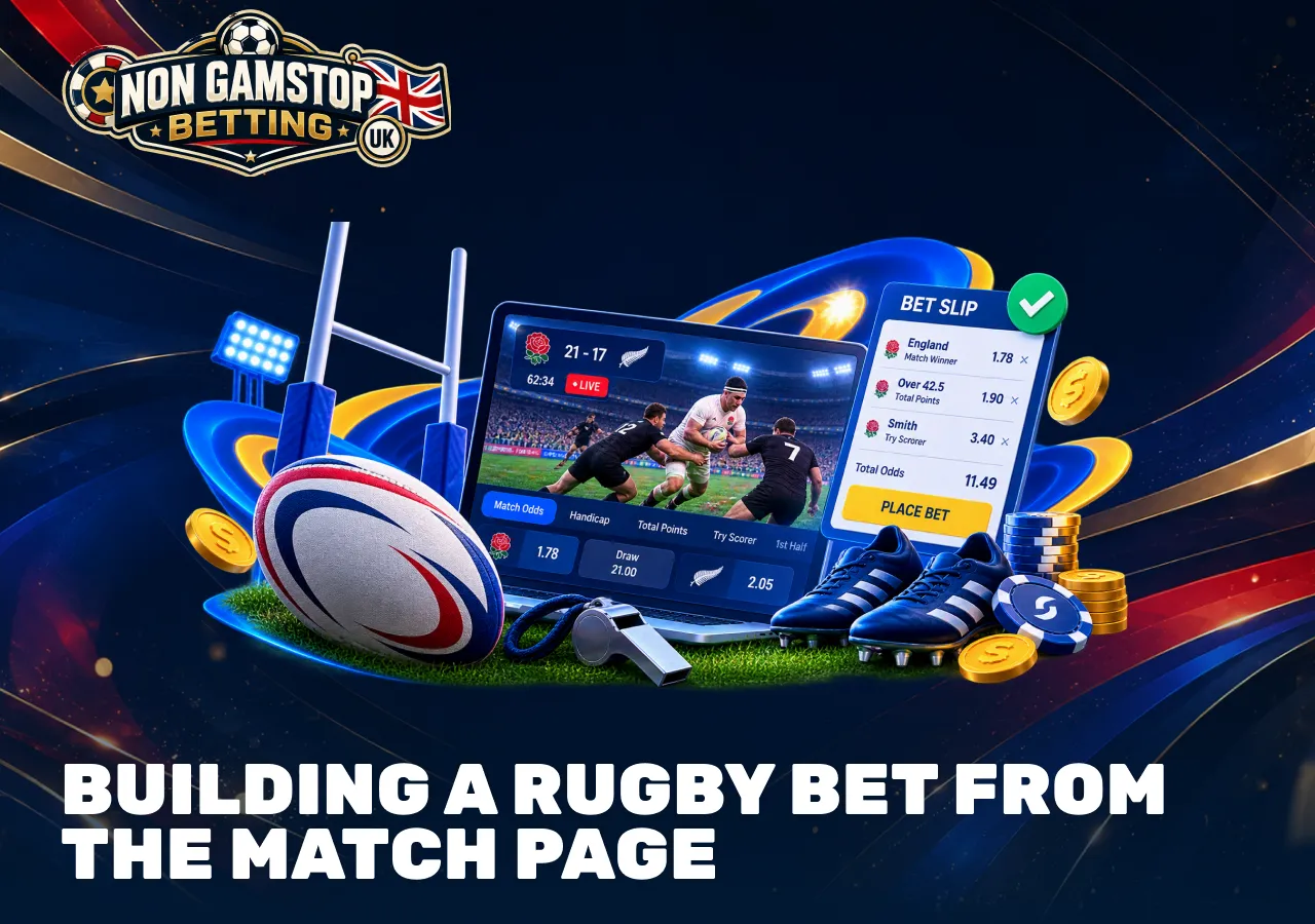 Rugby match betting page with live odds, handicap, total points and try scorer markets for building a bet.