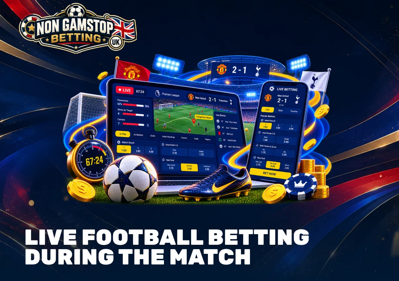Live football betting during a match with in-play odds, match statistics, goals and changing betting markets.