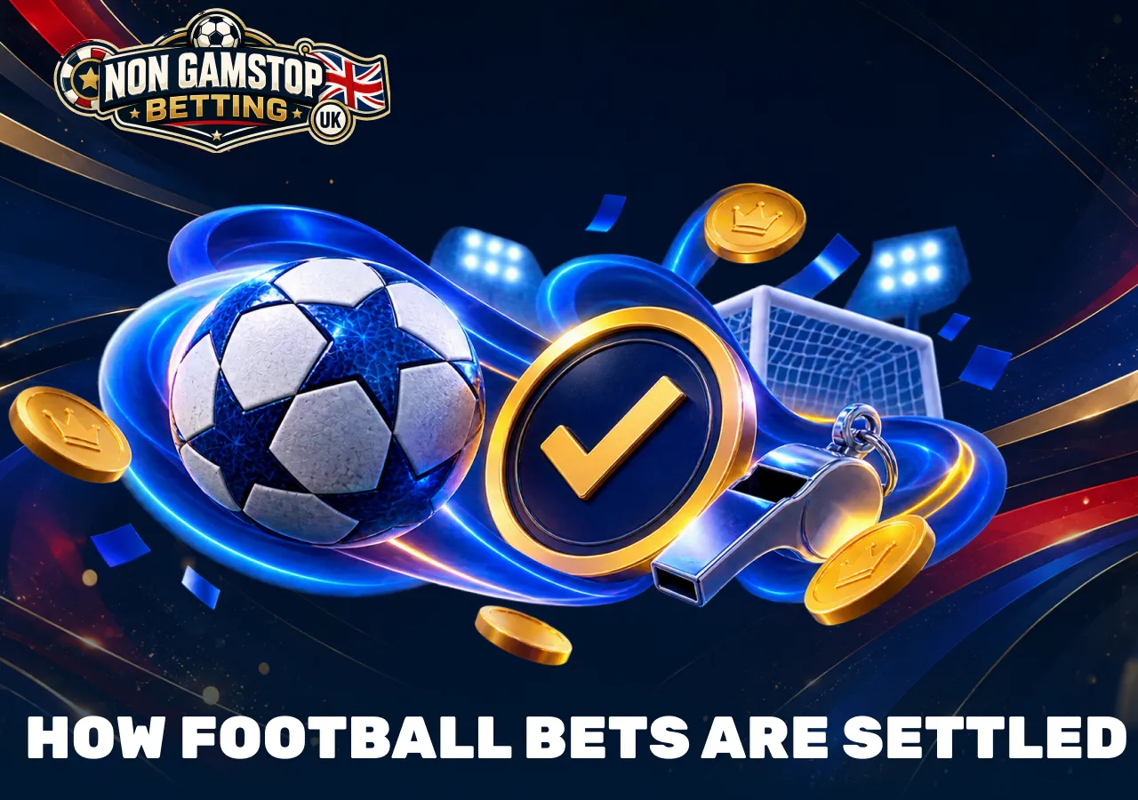 Football bet settlement concept with football, referee whistle and confirmation symbol representing settled wagers.